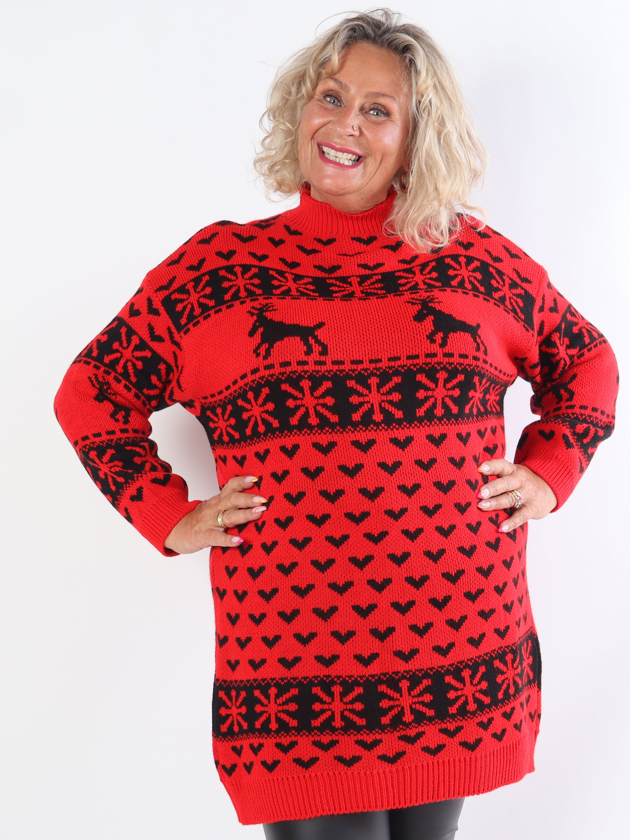 Rudolf - Sød plus size strikkjole med julemotiver